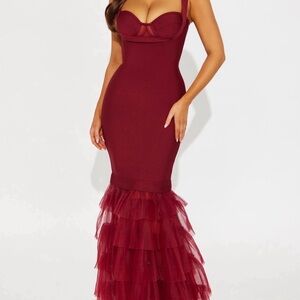 Fashion Nova Burgundy Ruffle-Hem Bodycon Gown